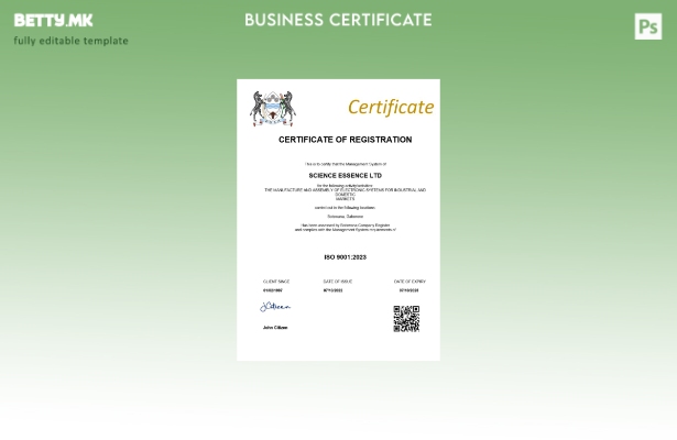 Модерен стил Боцвана сертификат за регистрација Шаблон за Word и PDF